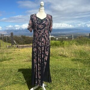 Vintage 90s Cottagecore Romantic blue Floral lace Maxi Dress Nostalgia Small